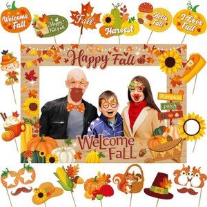 Fall Photo Booth Frame and Props with Wooden Stick Pumpkin Maple Leaf